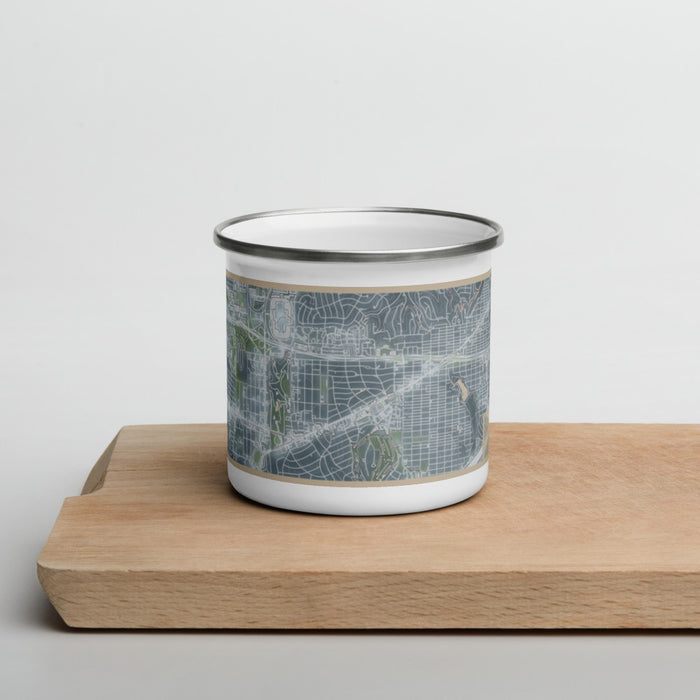 Front View Custom Ridglea Fort Worth Map Enamel Mug in Afternoon on Cutting Board