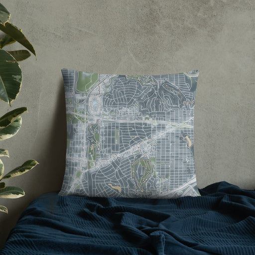 Custom Ridglea Fort Worth Map Throw Pillow in Afternoon on Bedding Against Wall