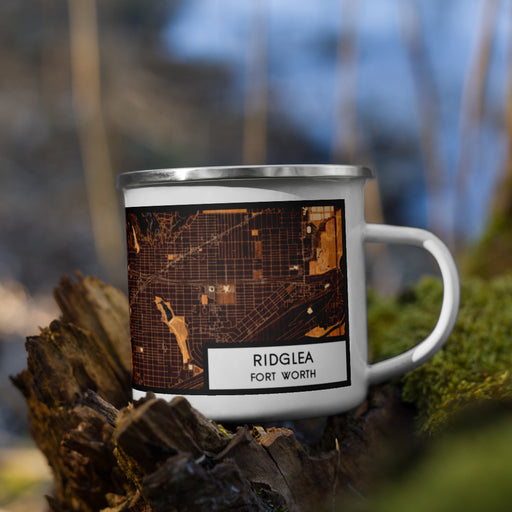 Right View Custom Ridglea Fort Worth Map Enamel Mug in Ember on Grass With Trees in Background