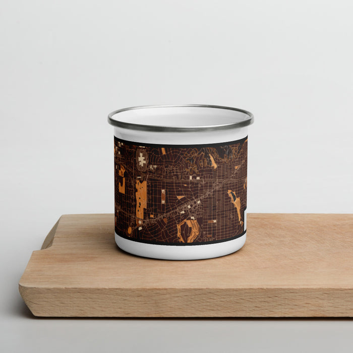 Front View Custom Ridglea Fort Worth Map Enamel Mug in Ember on Cutting Board