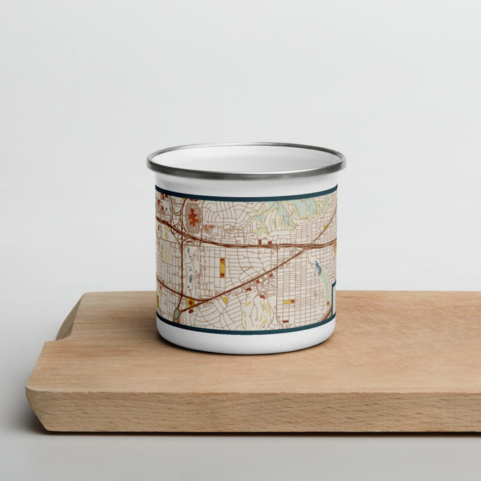 Front View Custom Ridglea Fort Worth Map Enamel Mug in Woodblock on Cutting Board