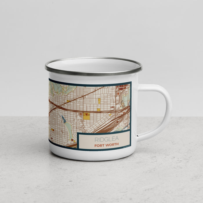 Right View Custom Ridglea Fort Worth Map Enamel Mug in Woodblock