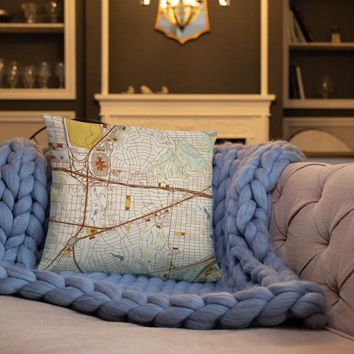 Custom Ridglea Fort Worth Map Throw Pillow in Woodblock on Cream Colored Couch