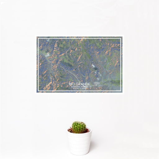 12x18 Rio Grande National Forest Map Print Landscape Orientation in Afternoon Style With Small Cactus Plant in White Planter