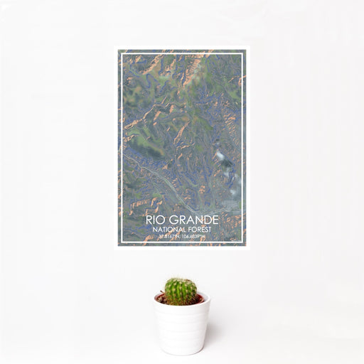 12x18 Rio Grande National Forest Map Print Portrait Orientation in Afternoon Style With Small Cactus Plant in White Planter