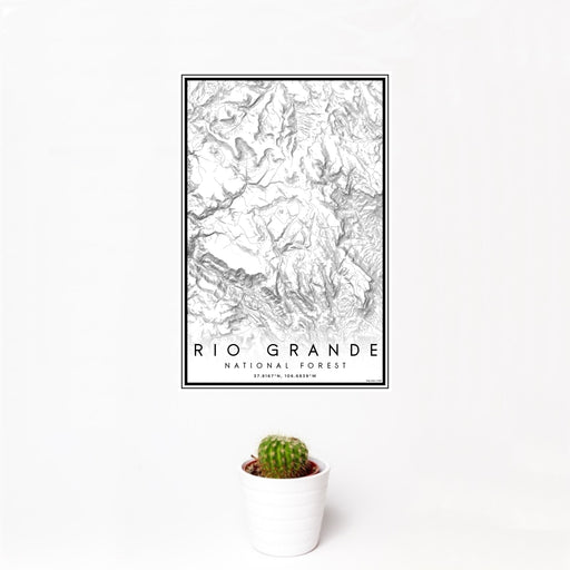 12x18 Rio Grande National Forest Map Print Portrait Orientation in Classic Style With Small Cactus Plant in White Planter
