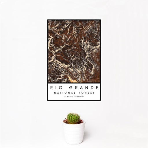 12x18 Rio Grande National Forest Map Print Portrait Orientation in Ember Style With Small Cactus Plant in White Planter
