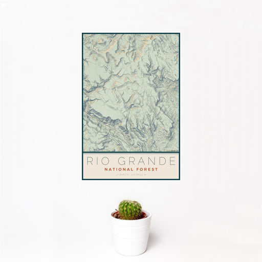 12x18 Rio Grande National Forest Map Print Portrait Orientation in Woodblock Style With Small Cactus Plant in White Planter