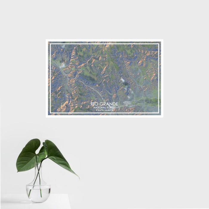 16x24 Rio Grande National Forest Map Print Landscape Orientation in Afternoon Style With Tropical Plant Leaves in Water