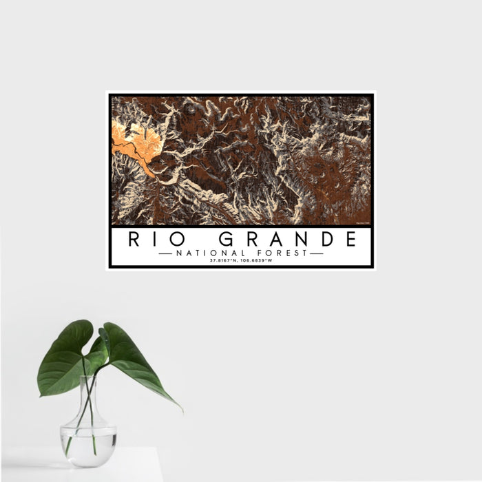 16x24 Rio Grande National Forest Map Print Landscape Orientation in Ember Style With Tropical Plant Leaves in Water