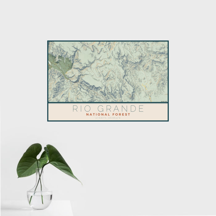 16x24 Rio Grande National Forest Map Print Landscape Orientation in Woodblock Style With Tropical Plant Leaves in Water
