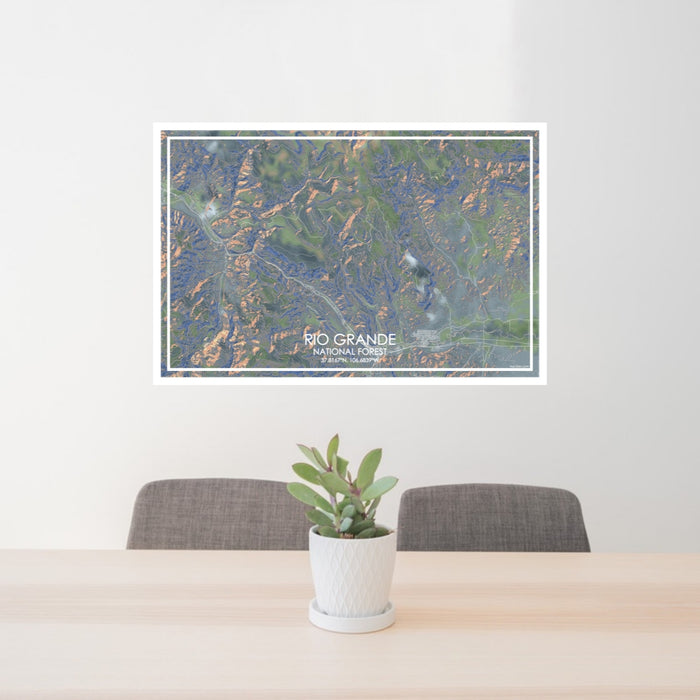24x36 Rio Grande National Forest Map Print Lanscape Orientation in Afternoon Style Behind 2 Chairs Table and Potted Plant