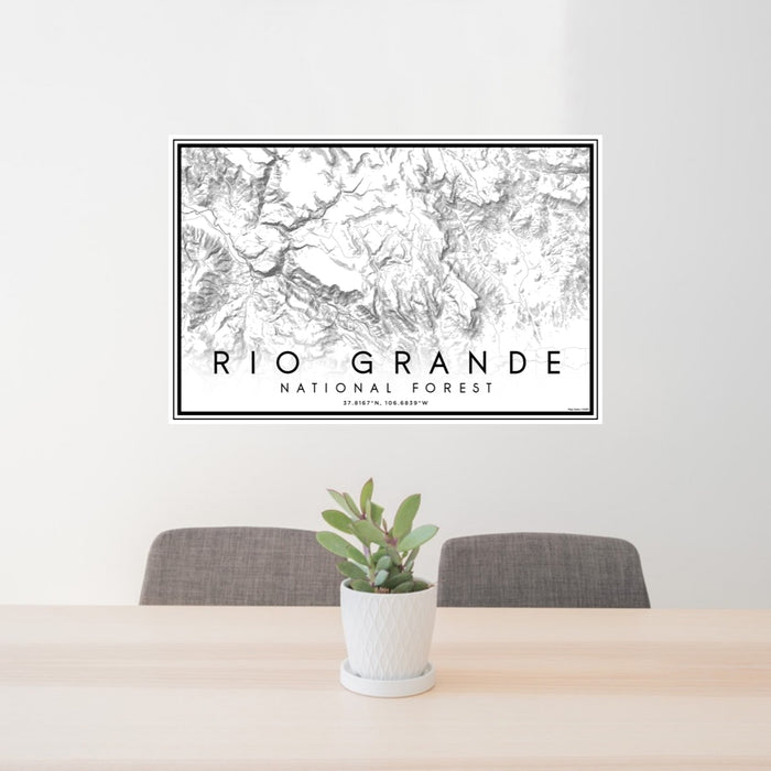 24x36 Rio Grande National Forest Map Print Lanscape Orientation in Classic Style Behind 2 Chairs Table and Potted Plant