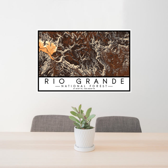 24x36 Rio Grande National Forest Map Print Lanscape Orientation in Ember Style Behind 2 Chairs Table and Potted Plant