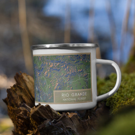 Right View Custom Rio Grande National Forest Map Enamel Mug in Afternoon on Grass With Trees in Background