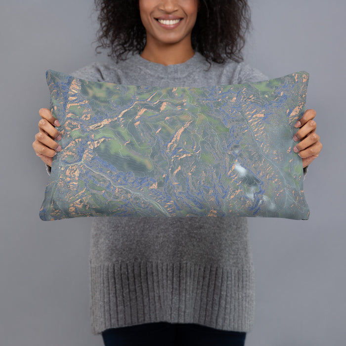 Person holding 20x12 Custom Rio Grande National Forest Map Throw Pillow in Afternoon