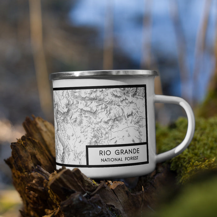 Right View Custom Rio Grande National Forest Map Enamel Mug in Classic on Grass With Trees in Background