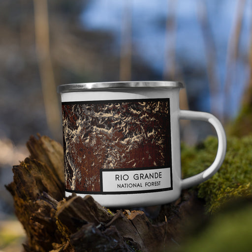 Right View Custom Rio Grande National Forest Map Enamel Mug in Ember on Grass With Trees in Background