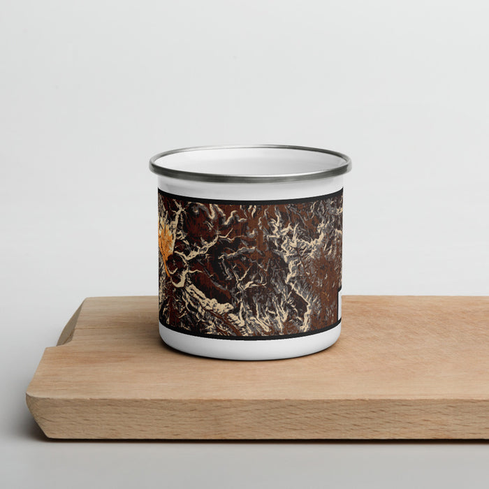 Front View Custom Rio Grande National Forest Map Enamel Mug in Ember on Cutting Board