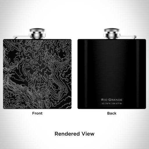Rendered View of Rio Grande National Forest Map Engraving on 6oz Stainless Steel Flask in Black