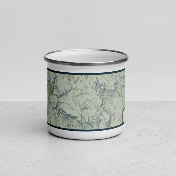 Front View Custom Rio Grande National Forest Map Enamel Mug in Woodblock