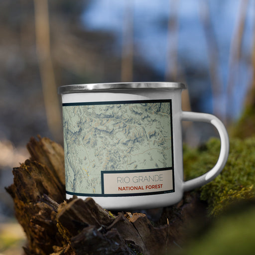 Right View Custom Rio Grande National Forest Map Enamel Mug in Woodblock on Grass With Trees in Background