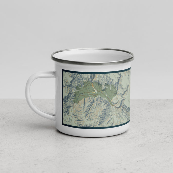 Left View Custom Rio Grande National Forest Map Enamel Mug in Woodblock
