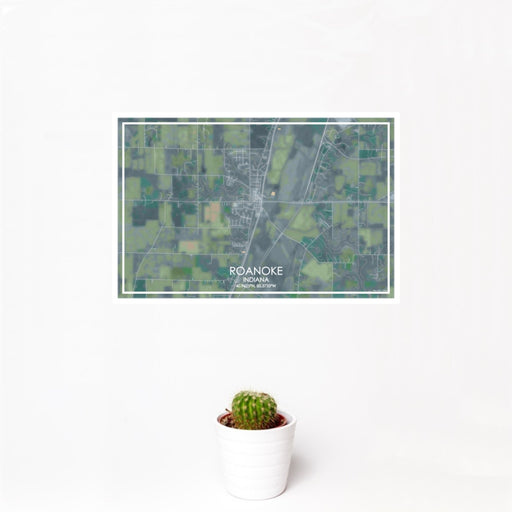 12x18 Roanoke Indiana Map Print Landscape Orientation in Afternoon Style With Small Cactus Plant in White Planter