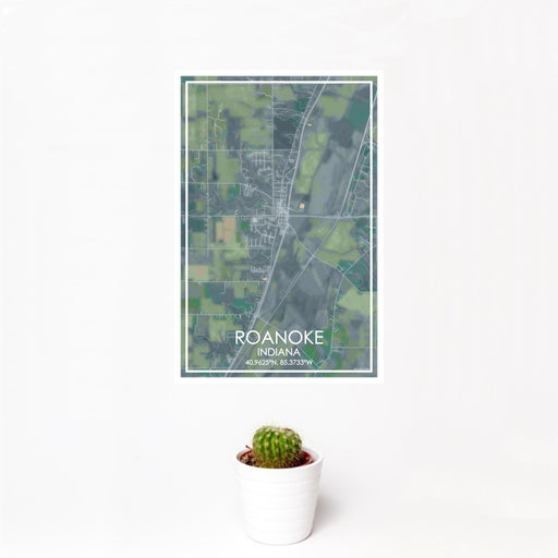 12x18 Roanoke Indiana Map Print Portrait Orientation in Afternoon Style With Small Cactus Plant in White Planter