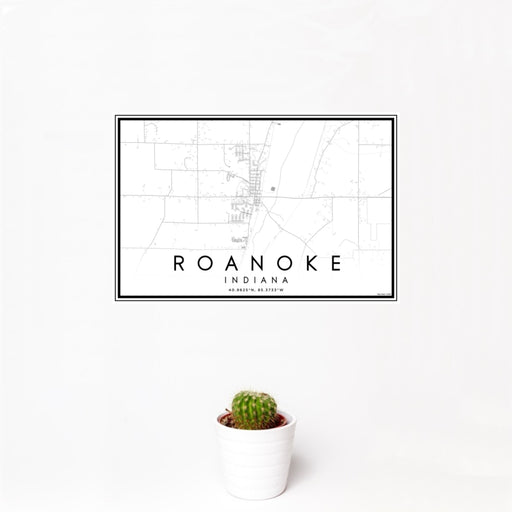 12x18 Roanoke Indiana Map Print Landscape Orientation in Classic Style With Small Cactus Plant in White Planter