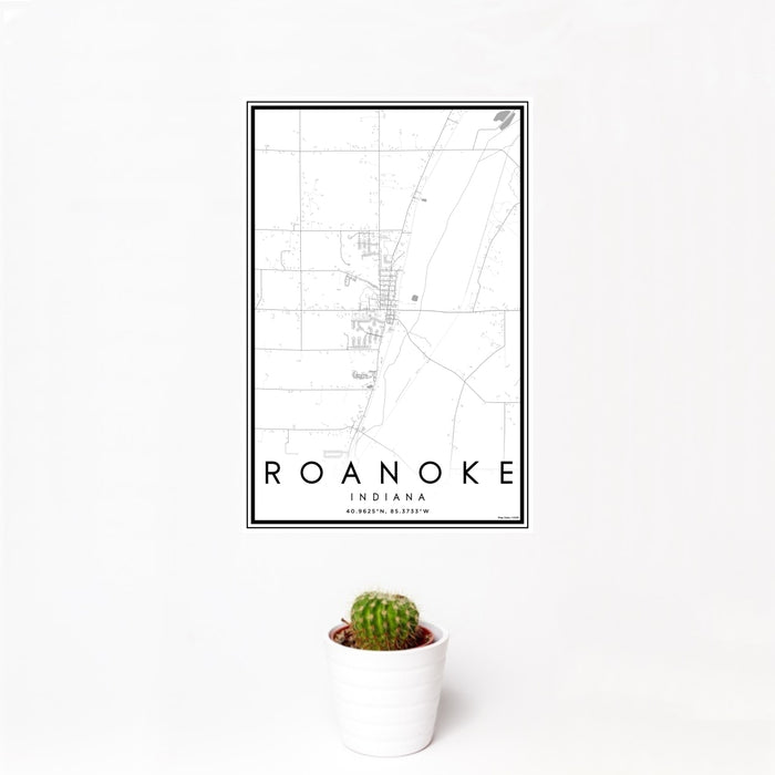 12x18 Roanoke Indiana Map Print Portrait Orientation in Classic Style With Small Cactus Plant in White Planter