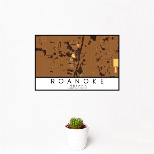 12x18 Roanoke Indiana Map Print Landscape Orientation in Ember Style With Small Cactus Plant in White Planter