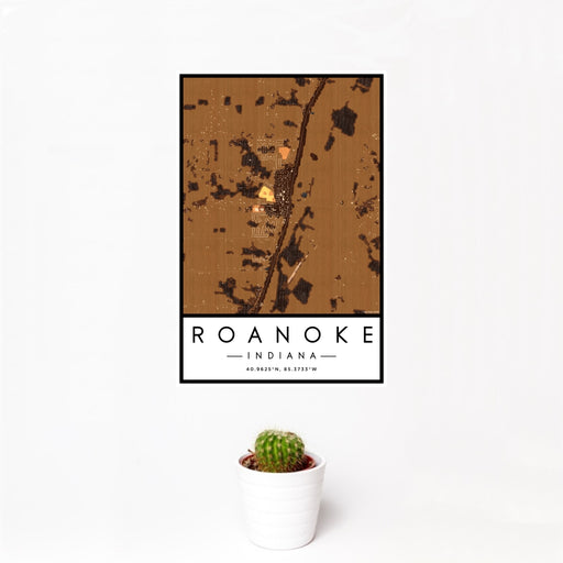 12x18 Roanoke Indiana Map Print Portrait Orientation in Ember Style With Small Cactus Plant in White Planter