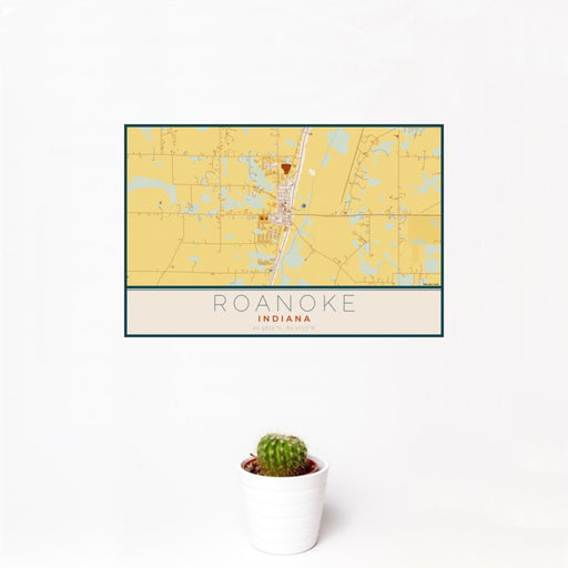 12x18 Roanoke Indiana Map Print Landscape Orientation in Woodblock Style With Small Cactus Plant in White Planter