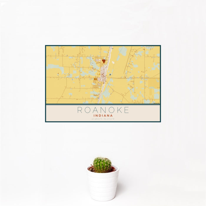 12x18 Roanoke Indiana Map Print Landscape Orientation in Woodblock Style With Small Cactus Plant in White Planter