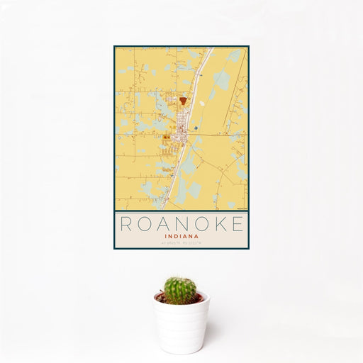 12x18 Roanoke Indiana Map Print Portrait Orientation in Woodblock Style With Small Cactus Plant in White Planter