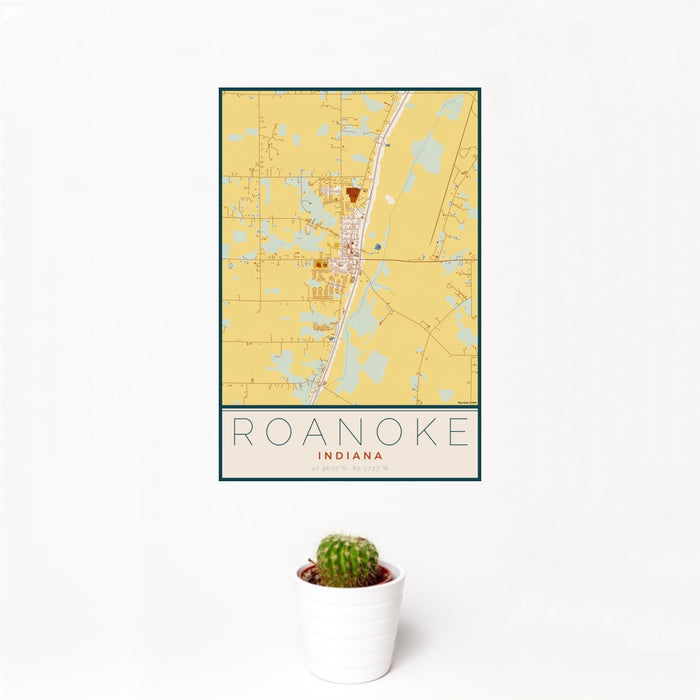 12x18 Roanoke Indiana Map Print Portrait Orientation in Woodblock Style With Small Cactus Plant in White Planter