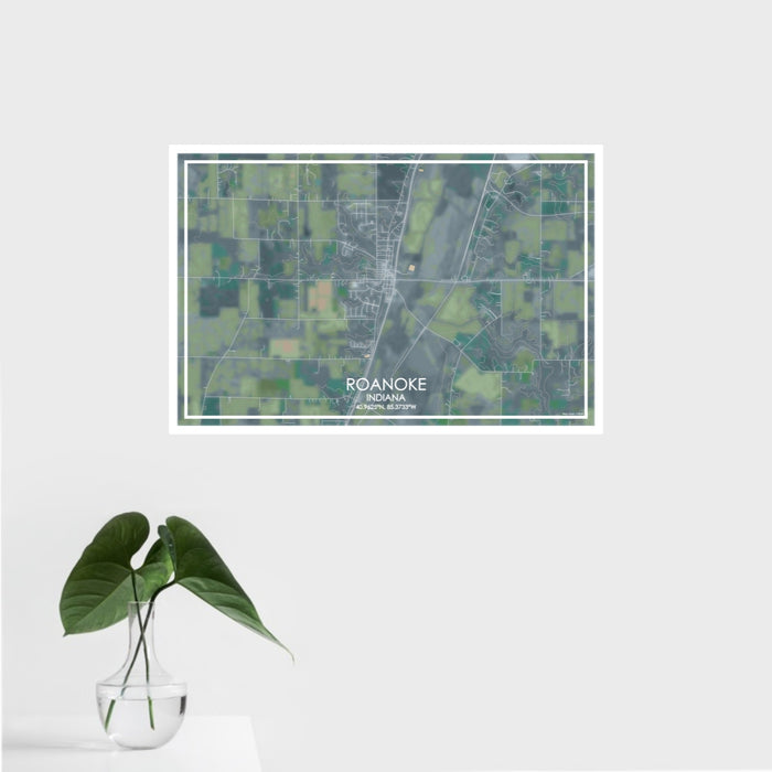 16x24 Roanoke Indiana Map Print Landscape Orientation in Afternoon Style With Tropical Plant Leaves in Water