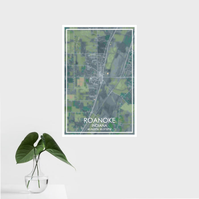 16x24 Roanoke Indiana Map Print Portrait Orientation in Afternoon Style With Tropical Plant Leaves in Water