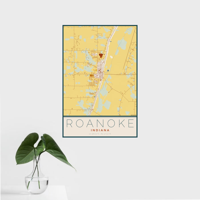 16x24 Roanoke Indiana Map Print Portrait Orientation in Woodblock Style With Tropical Plant Leaves in Water