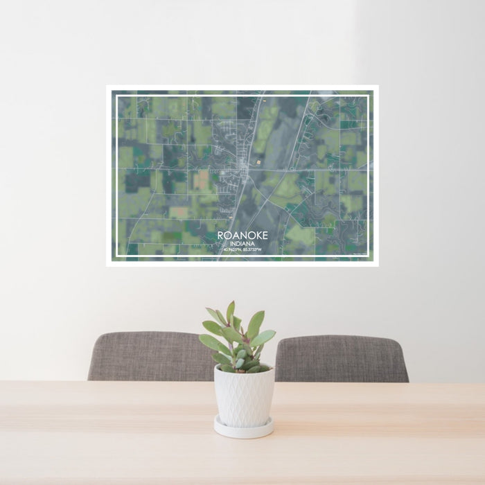 24x36 Roanoke Indiana Map Print Lanscape Orientation in Afternoon Style Behind 2 Chairs Table and Potted Plant