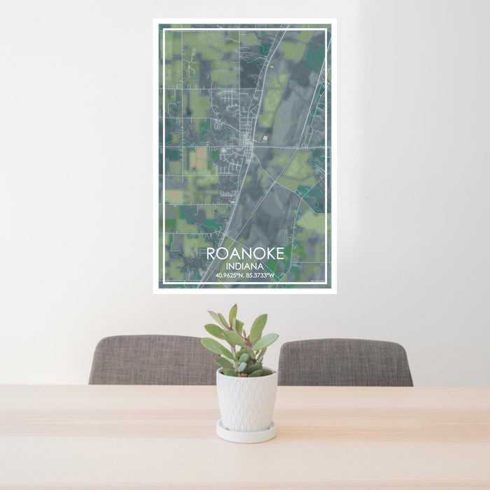 24x36 Roanoke Indiana Map Print Portrait Orientation in Afternoon Style Behind 2 Chairs Table and Potted Plant