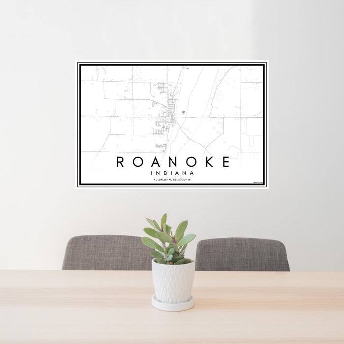 24x36 Roanoke Indiana Map Print Lanscape Orientation in Classic Style Behind 2 Chairs Table and Potted Plant