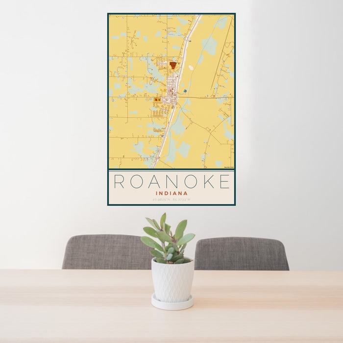 24x36 Roanoke Indiana Map Print Portrait Orientation in Woodblock Style Behind 2 Chairs Table and Potted Plant