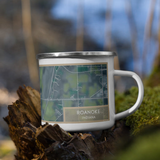 Right View Custom Roanoke Indiana Map Enamel Mug in Afternoon on Grass With Trees in Background