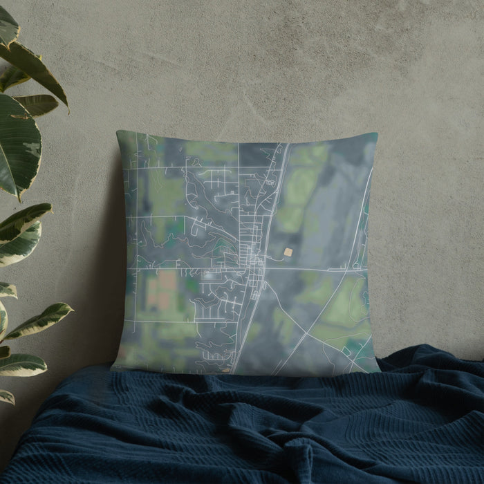Custom Roanoke Indiana Map Throw Pillow in Afternoon on Bedding Against Wall