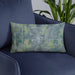 Custom Roanoke Indiana Map Throw Pillow in Afternoon on Blue Colored Chair