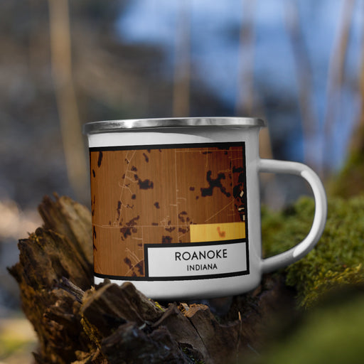 Right View Custom Roanoke Indiana Map Enamel Mug in Ember on Grass With Trees in Background