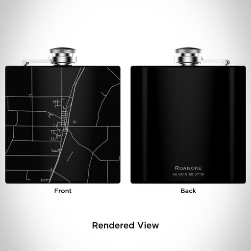 Rendered View of Roanoke Indiana Map Engraving on 6oz Stainless Steel Flask in Black