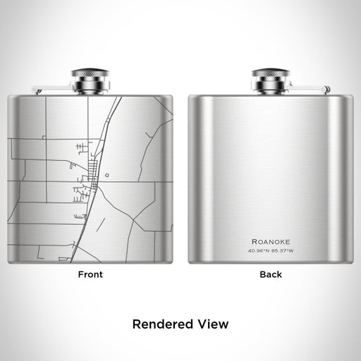 Rendered View of Roanoke Indiana Map Engraving on 6oz Stainless Steel Flask